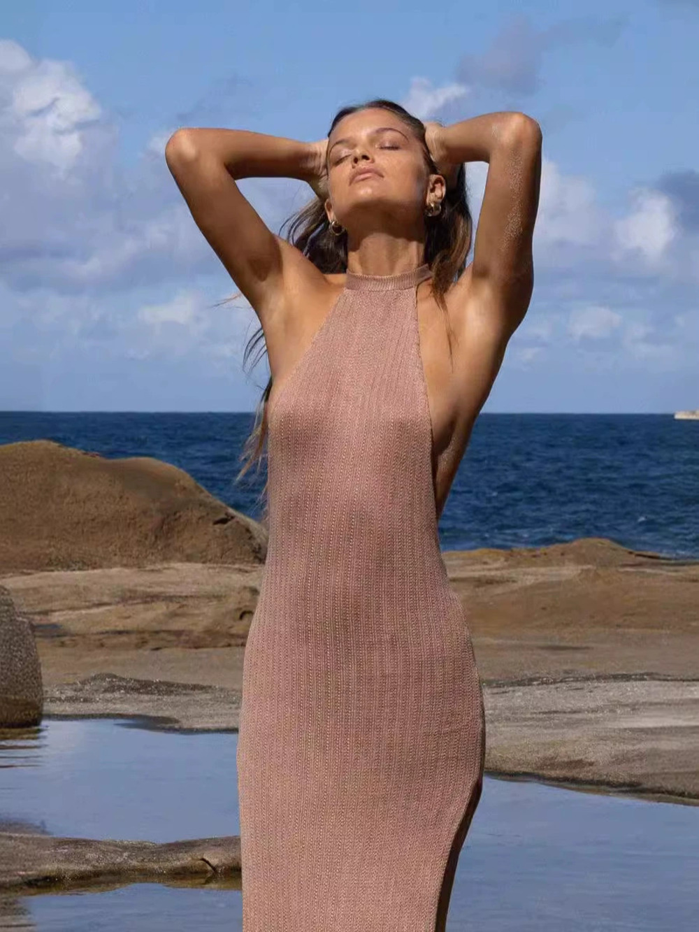 Zara Slim Fit Halter Neck Backless Knit Maxi Dress Beach Vacation